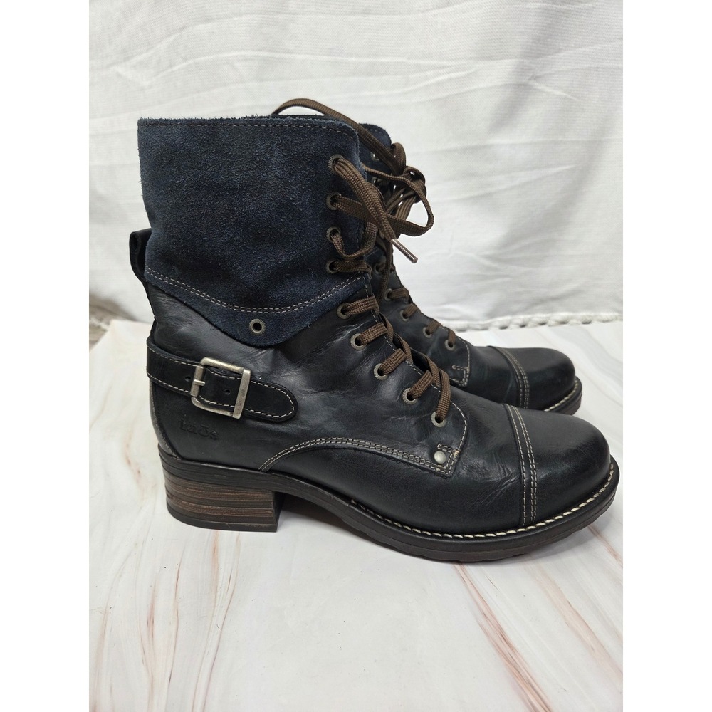 Taos Crave navy Leather Suede Combat Boots Side Zip Faux Fur Lined EU 41 US 10